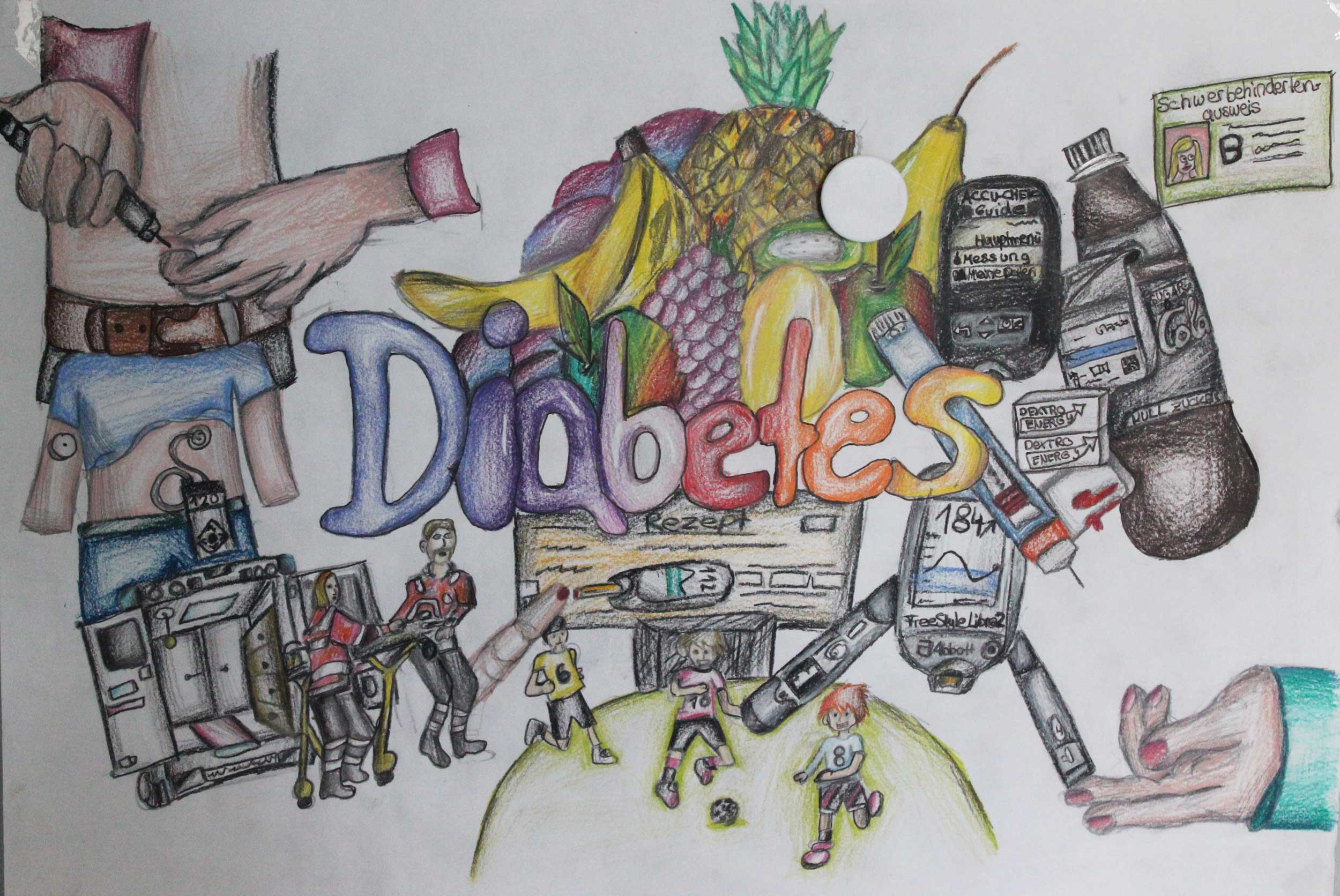 selbst gemaltes Bild von Diabetes mit Blutzuckermessung, Obst und Sport